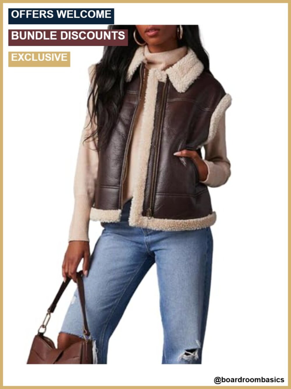 Faux Leather Sherpa Vest Sleeveless Zip Up Fleece Lined Coat with Pockets